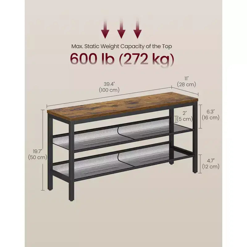 VASAGLE Panchina scarpiera a 3 livelli, ripiani in un unico pezzo, organizzatore porta scarpe con bordi rialzati, stile industriale, facile da montare, 27,9 x 100,1 x 50 cm