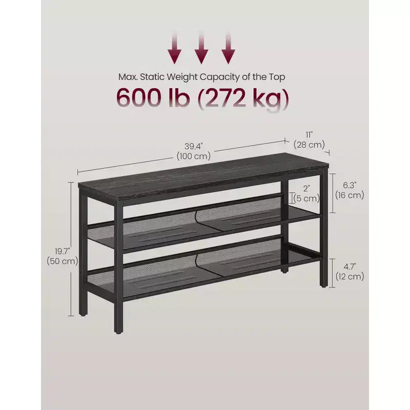 VASAGLE Panchina scarpiera a 3 livelli, ripiani in un unico pezzo, organizzatore porta scarpe con bordi rialzati, stile industriale, facile da montare, 27,9 x 100,1 x 50 cm