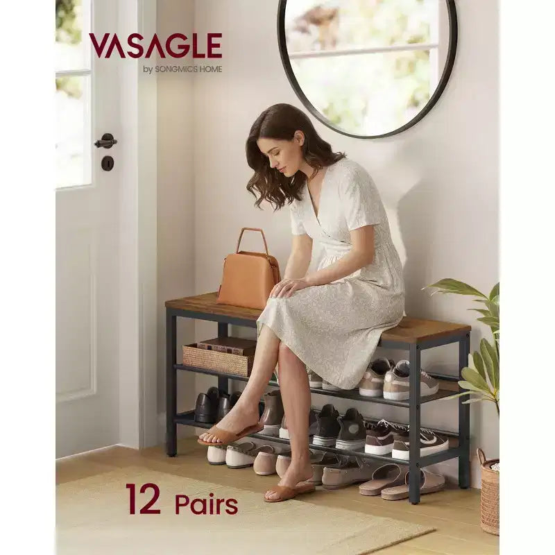 VASAGLE Panchina scarpiera a 3 livelli, ripiani in un unico pezzo, organizzatore porta scarpe con bordi rialzati, stile industriale, facile da montare, 27,9 x 100,1 x 50 cm