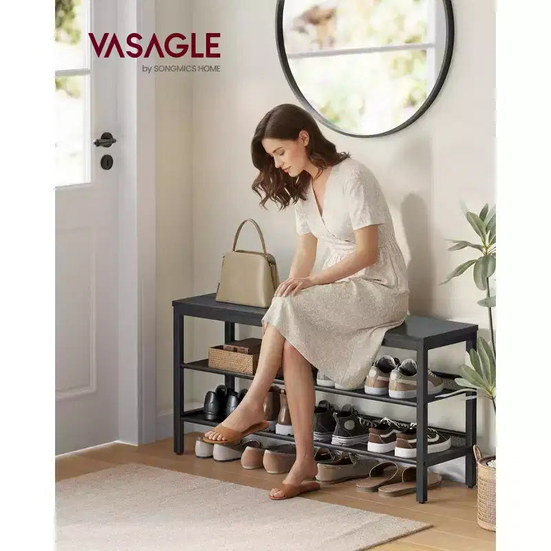 VASAGLE 3 Tier Shoe Rack Bench, One Piece Shelves, Shoe Storage Organizer with Raised Edges, Industrial Style, Easy Assembly, 11 x 39.4 x 19.7 Inches