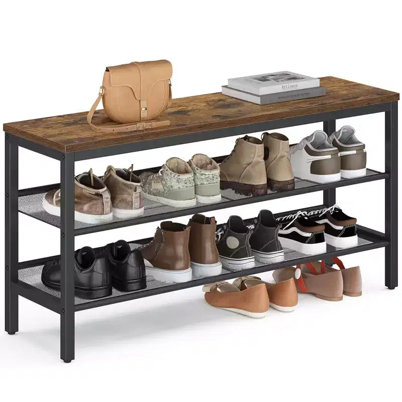 VASAGLE Panchina scarpiera a 3 livelli, ripiani in un unico pezzo, organizzatore porta scarpe con bordi rialzati, stile industriale, facile da montare, 27,9 x 100,1 x 50 cm