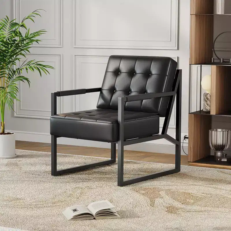 Poltrona d'Appoggio Mid-Century Modern in Pelle PU con Bottoni e Struttura in Metallo, Ideale per Soggiorno, Camera da Letto, Ufficio, Sala d'Attesa