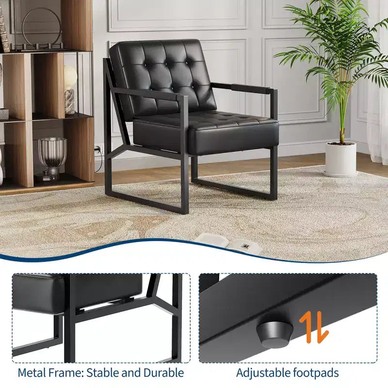 Poltrona d'Appoggio Mid-Century Modern in Pelle PU con Bottoni e Struttura in Metallo, Ideale per Soggiorno, Camera da Letto, Ufficio, Sala d'Attesa