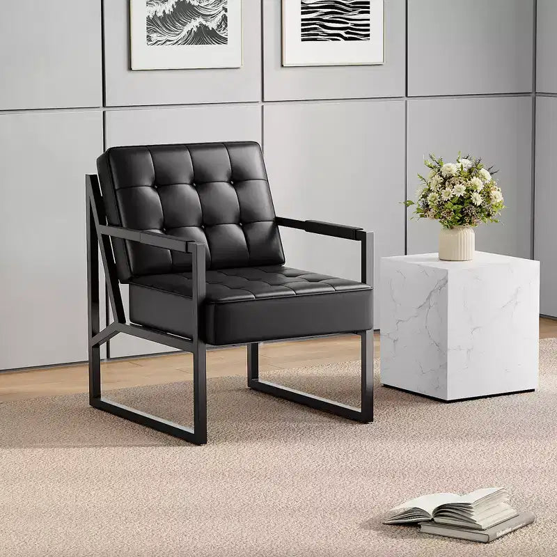 Poltrona d'Appoggio Mid-Century Modern in Pelle PU con Bottoni e Struttura in Metallo, Ideale per Soggiorno, Camera da Letto, Ufficio, Sala d'Attesa