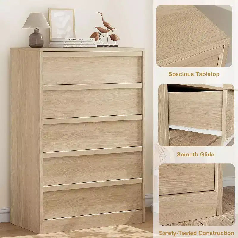 Cassettiera moderna a 5 cassetti con ampio spazio di archiviazione per camera da letto, soggiorno, cameretta, ingresso, naturale