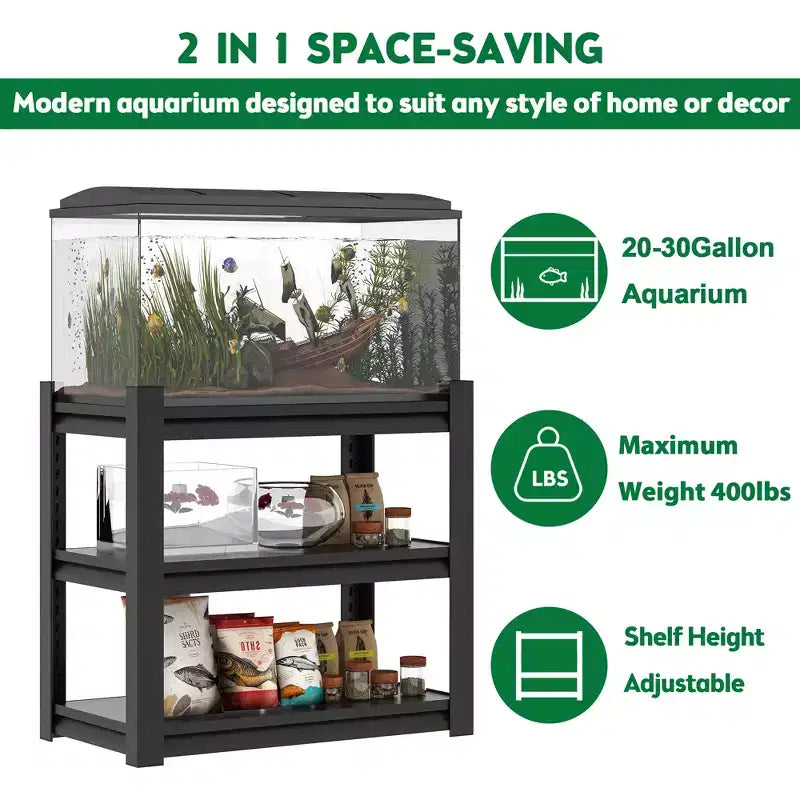 Supporto per acquario da 20-30 galloni, supporto in metallo per acquario, supporto regolabile per terrario resistente, scaffale regolabile a 3 livelli per acquario
