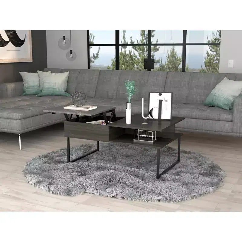Tavolino da Caffè in Carbonio Espresso Onyx con Piano Sollevabile, Vano Contenitore Nascosto, 4 Gambe Metalliche Rinforzate, Design in Legno