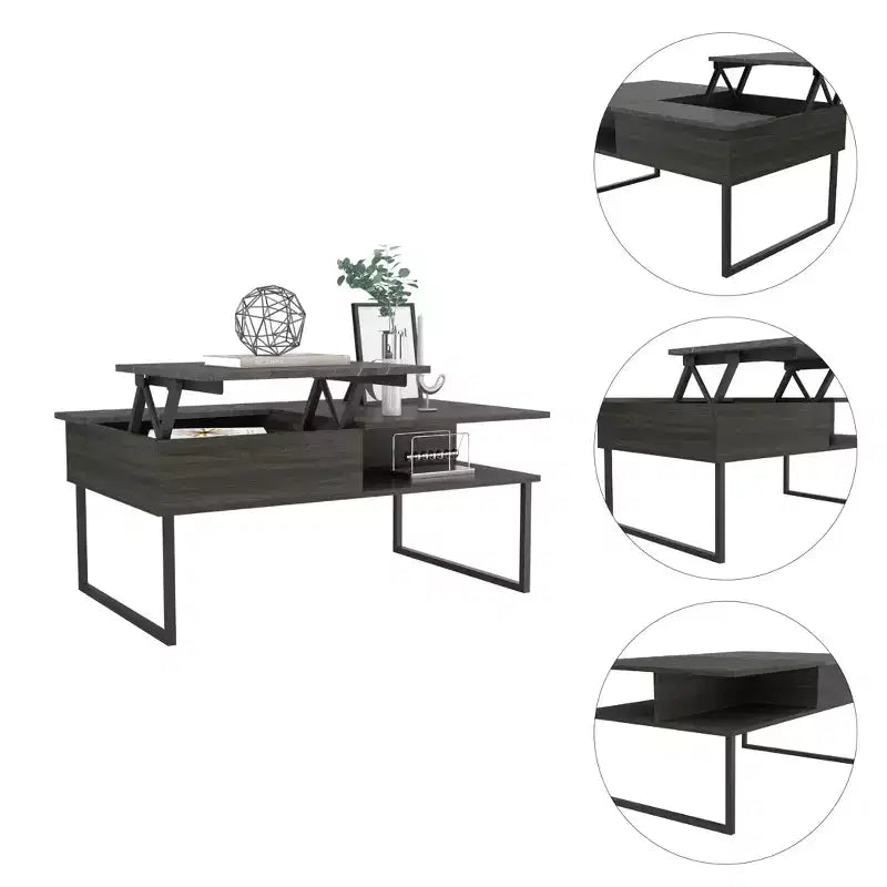 Tavolino da Caffè in Carbonio Espresso Onyx con Piano Sollevabile, Vano Contenitore Nascosto, 4 Gambe Metalliche Rinforzate, Design in Legno