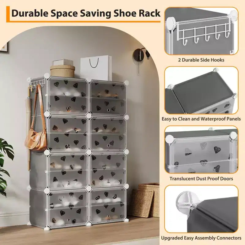 Scarpiera salvaspazio, mobile porta scarpe con ripiani in PVC, contiene fino a 32 paia, componibile con anta, ganci, per ingresso, armadio, camera da letto, corridoio