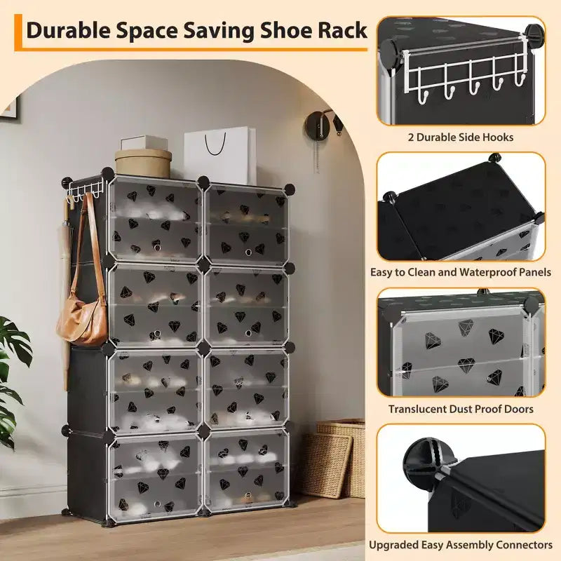 Scarpiera salvaspazio, mobile porta scarpe con ripiani in PVC, contiene fino a 32 paia, componibile con anta, ganci, per ingresso, armadio, camera da letto, corridoio