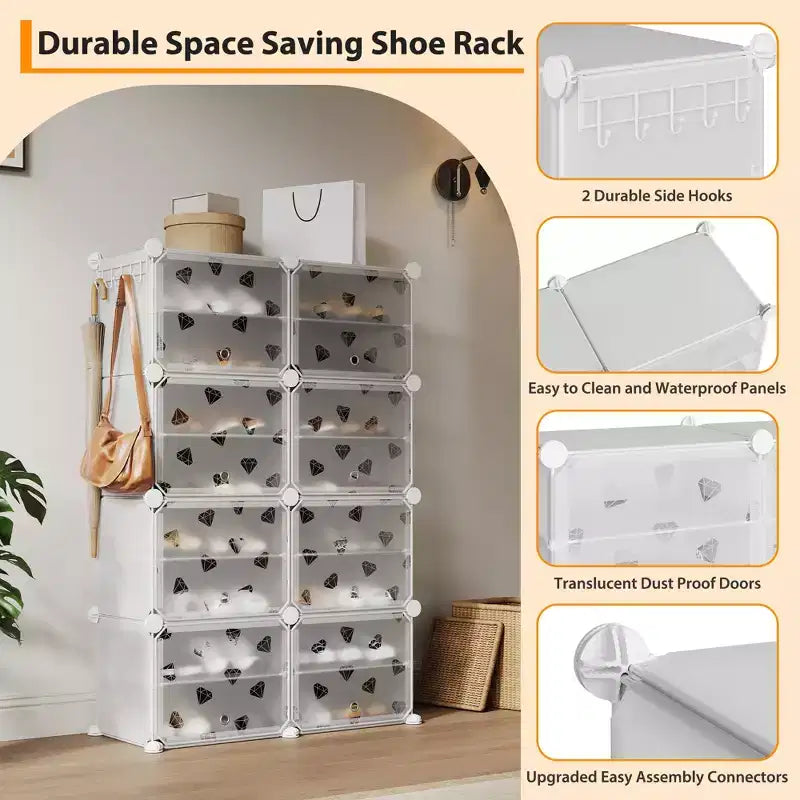 Scarpiera salvaspazio, mobile porta scarpe con ripiani in PVC, contiene fino a 32 paia, componibile con anta, ganci, per ingresso, armadio, camera da letto, corridoio