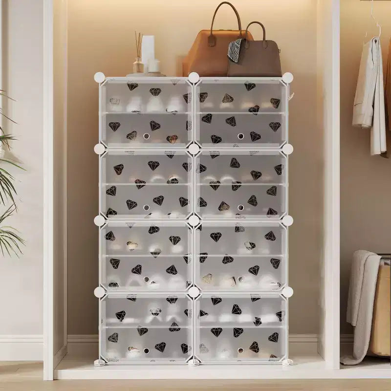 Scarpiera salvaspazio, mobile porta scarpe con ripiani in PVC, contiene fino a 32 paia, componibile con anta, ganci, per ingresso, armadio, camera da letto, corridoio