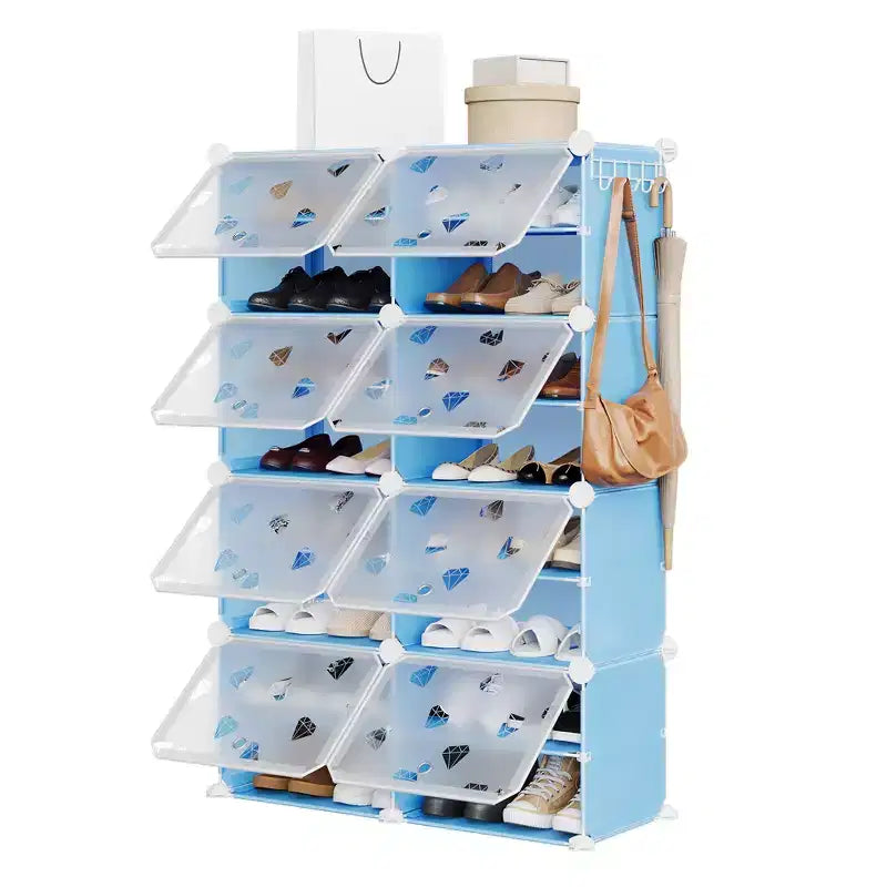 Scarpiera salvaspazio, mobile porta scarpe con ripiani in PVC, contiene fino a 32 paia, componibile con anta, ganci, per ingresso, armadio, camera da letto, corridoio