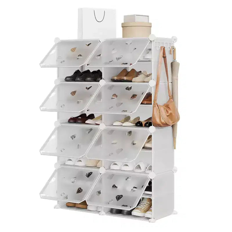 Scarpiera salvaspazio, mobile porta scarpe con ripiani in PVC, contiene fino a 32 paia, componibile con anta, ganci, per ingresso, armadio, camera da letto, corridoio