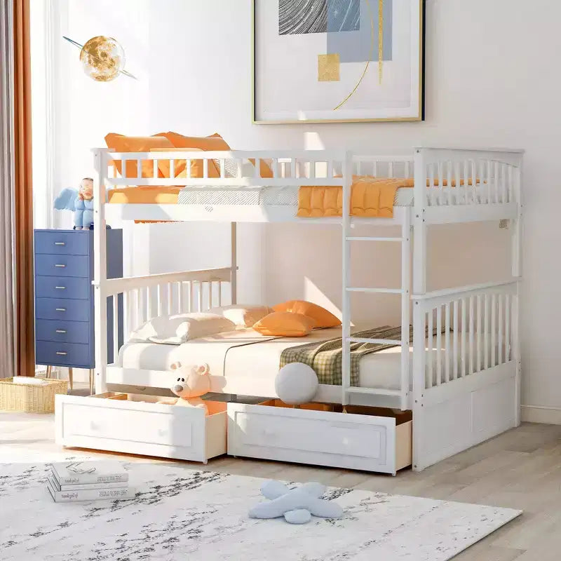 FAMYYT Letto Matrimoniale in Legno con Cassetti, Sponda a Forma di Recinzione, Scala, Facile Montaggio