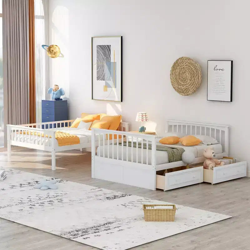 FAMYYT Letto Matrimoniale in Legno con Cassetti, Sponda a Forma di Recinzione, Scala, Facile Montaggio