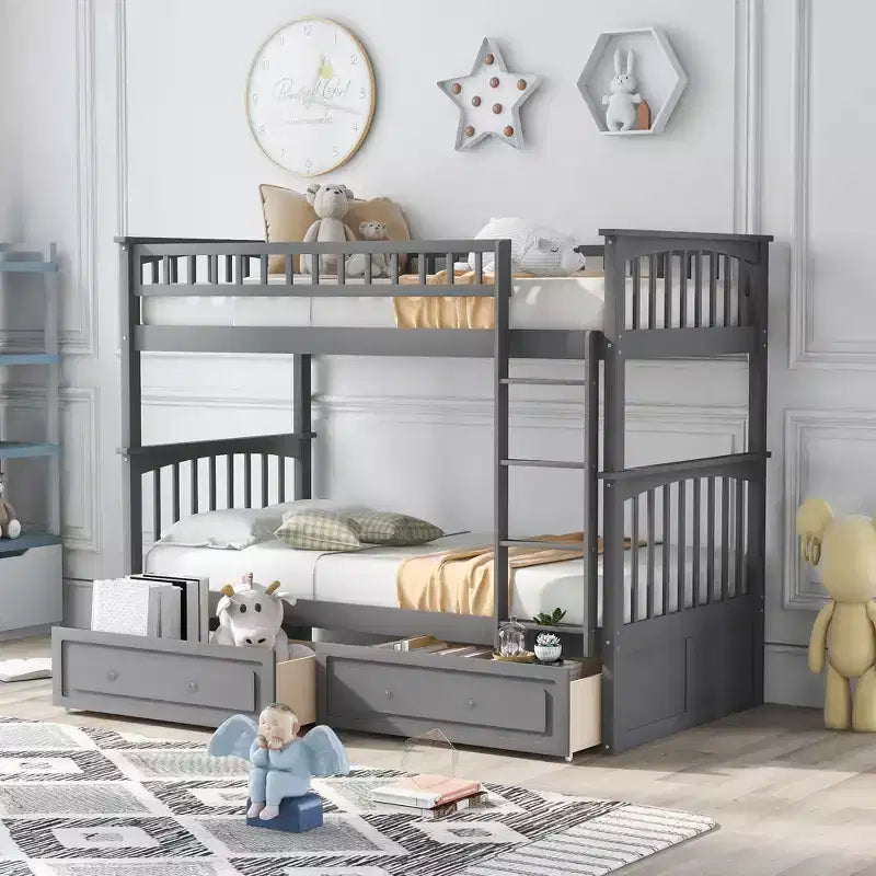 FAMYYT Letto singolo in legno con cassetti, sponde a forma di recinzione, scaletta, facile montaggio