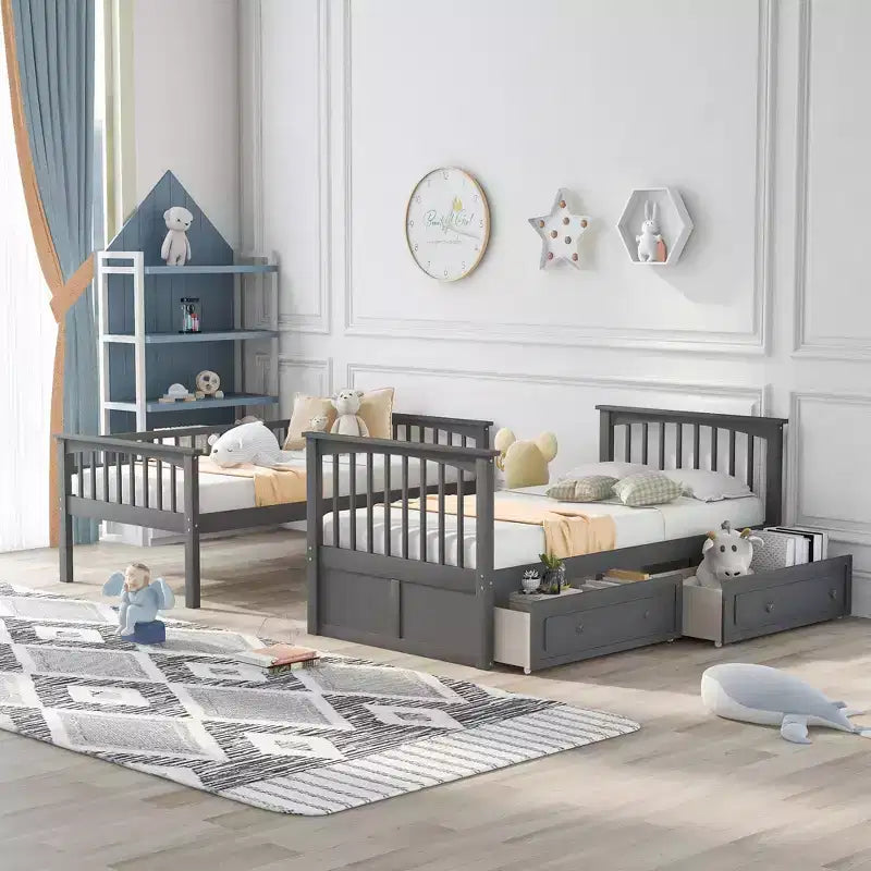 FAMYYT Letto singolo in legno con cassetti, sponde a forma di recinzione, scaletta, facile montaggio