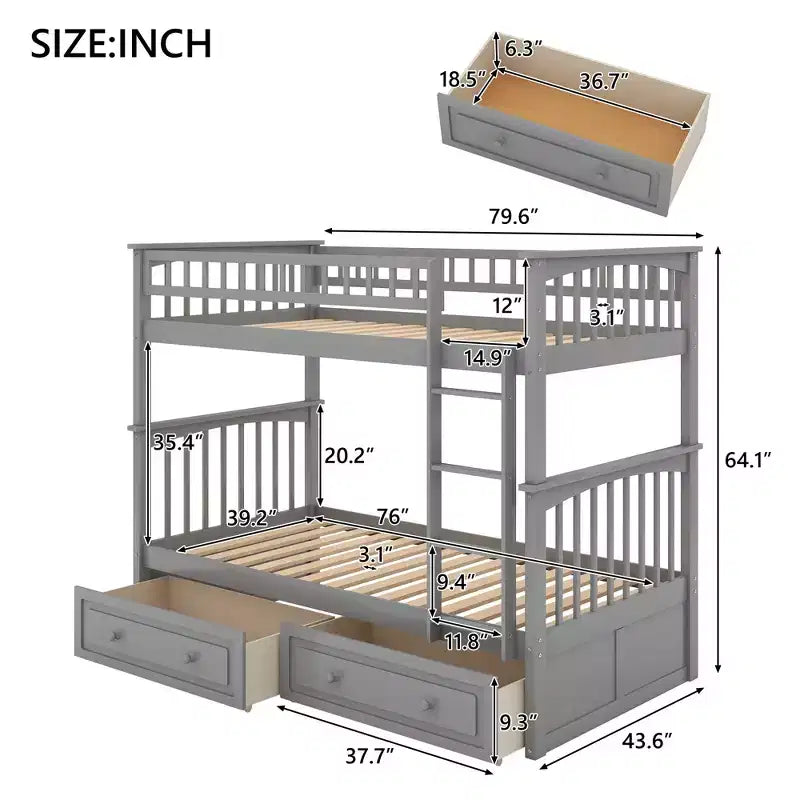 FAMYYT Letto singolo in legno con cassetti, sponde a forma di recinzione, scaletta, facile montaggio
