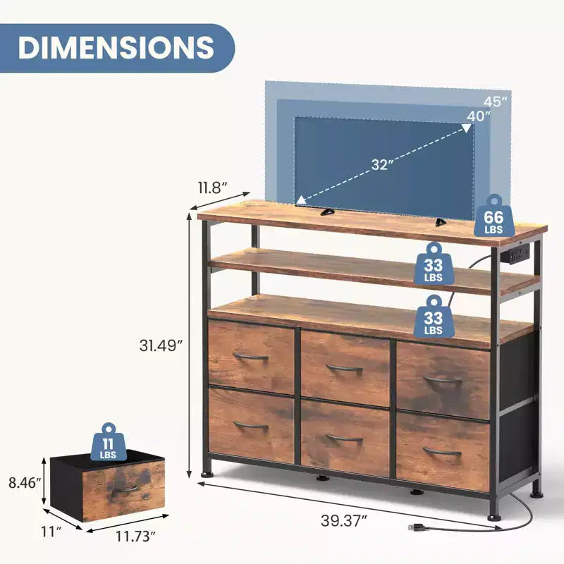 JIONJOY Comò a 6 cassetti a doppio strato con illuminazione a LED, vani per cavi elettrici, dispositivo antiribaltamento, telecomando, noce antico